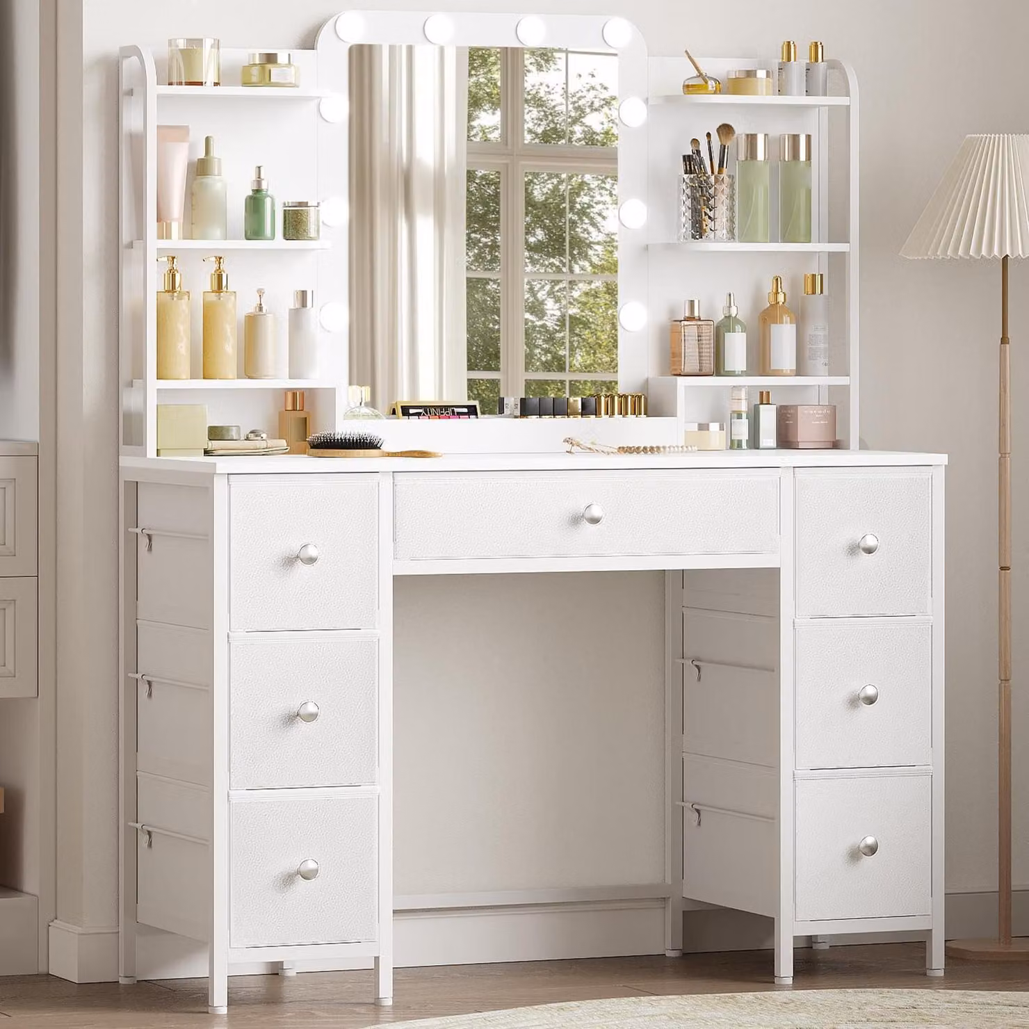 Comò da trucco con illuminazione a LED, 7 cassetti, 6 scomparti, specchio HD, colore bianco, dimensioni 40 x 108 x 142 cm