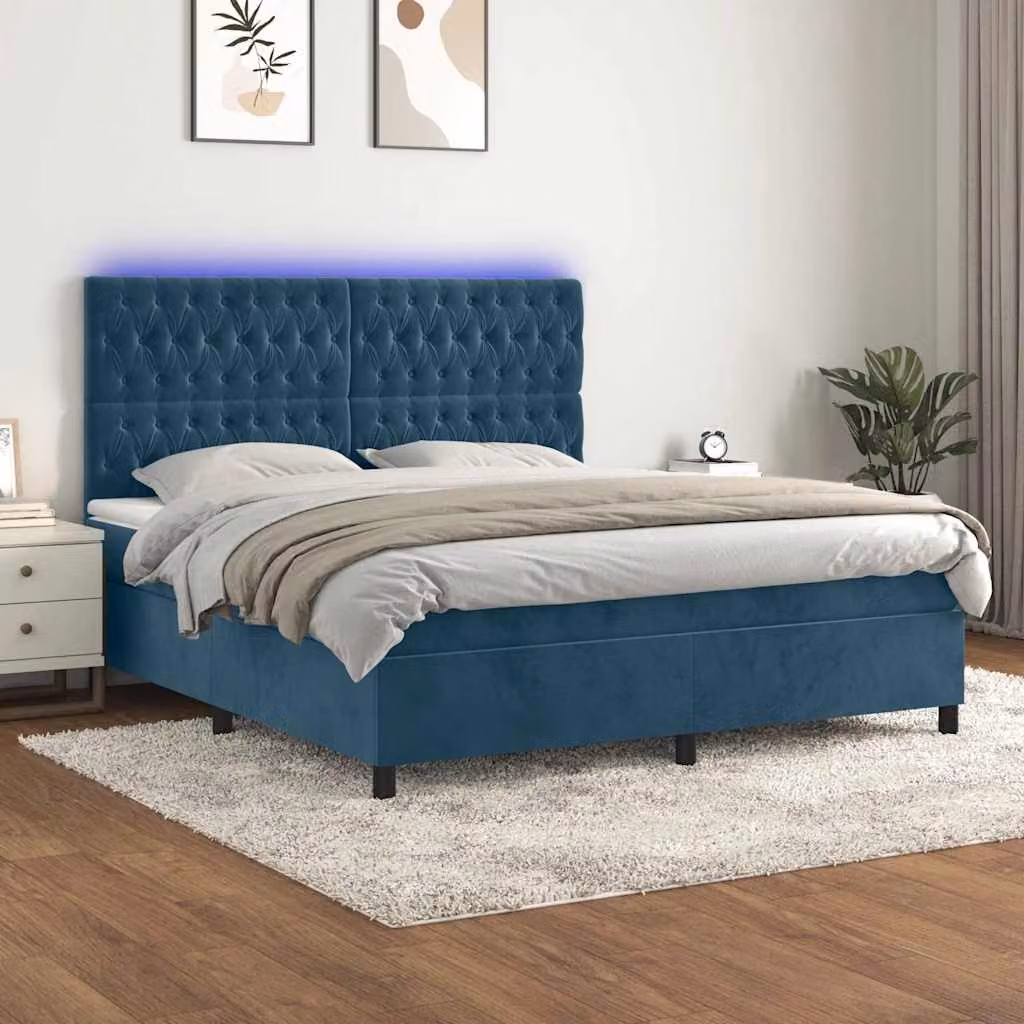 Letto Ibrido vidaXL in Velluto Blu e Bianco con Illuminazione LED Sotto il Letto e Porte USB, L/P/H: 160 x 200 x 128 cm – 1