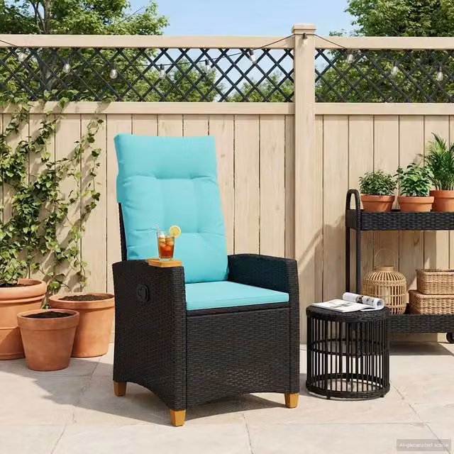 Divano Sedia-Poltrona reclinabile con tavolino in polyrattan e metallo, Colore Nero e Turchese, L: 112 cm, P: 64 cm, H: 62 cm