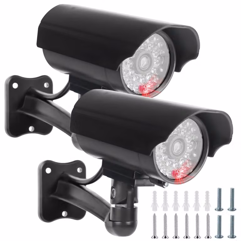 Telecamera finta per esterni, con LED lampeggiante rosso e adesivi di avvertimento