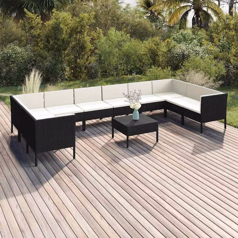 Set Divani da Giardino vidaXL 11 pz a Forma a U in Polyrattan Nero con Cuscini e Coperture Rimovibili