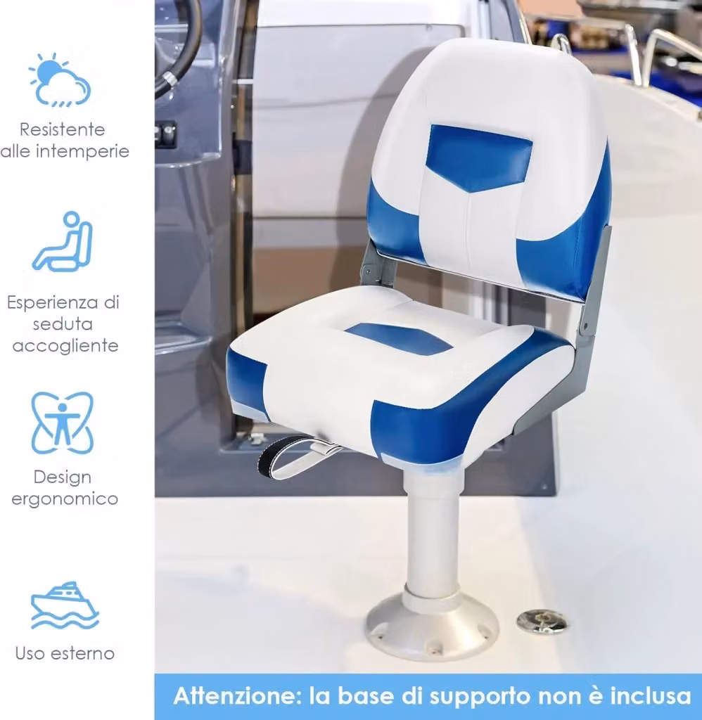 Set di 2 sedie pieghevoli Costway per barca e yacht con schienale basso, sedili ergonomici in ecopelle blu e bianco – 2