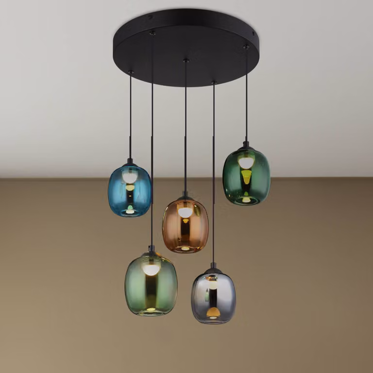 Globo Lampada LED a sospensione Minara, 5 luci, Ø 43 cm, colorata, vetro Minara, Multicolore, Soggiorno / Sala da pranzo, Metallo, Moderno