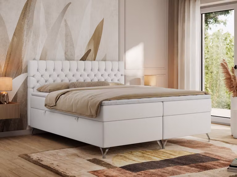 MKS MEBLE Letto boxspring 180x200, letto 180x200 con materasso H3, letto boxspring 180x200 con contenitore e topper, letto imbottito 180x200 con piedini - GRIMALDI - 180x200 - Ecopelle bianca - H3