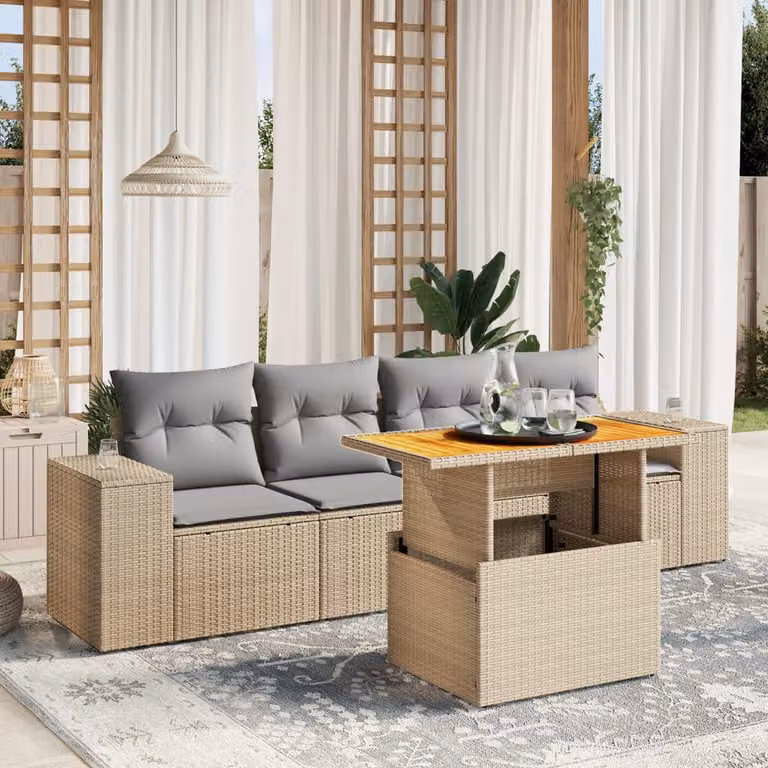 vidaXL Set Divano da Giardino 5 pz in Polyrattan con Cuscini Beige e Grigio