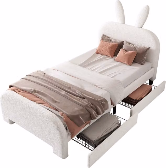 Letto per bambini 90x200 cm imbottito bianco con testiera a forma di coniglio e due cassetti