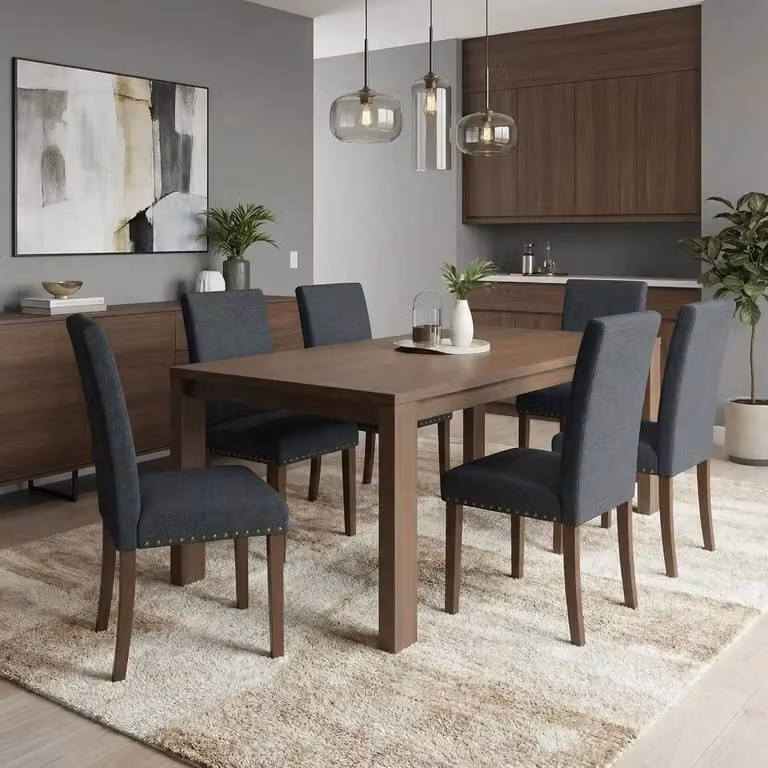 Sedie da pranzo - Set da 6 - Grigio - Rivestite in tessuto - Seduta imbottita - Decorazioni con chiodini - Gambe in legno massello - 46 × 59 × 92 cm