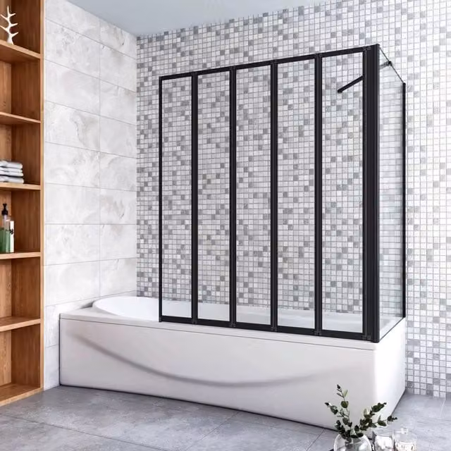 Parete Vasca Doccia 120x65cm Sopravasca Angolare 5 Ante Pieghevoli Vetro Temperato Trasparente da 4 mm con Parete Laterale da 6 mm H.140cm Telai Neri Opachi