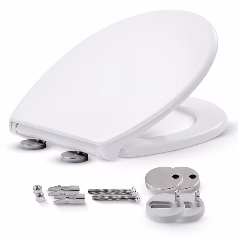 AREBOS: Sedile per WC con sistema di chiusura ammortizzata e sistema di montaggio rapido, realizzato in urea-duroplast, antibatterico, resistente fino a 150 kg, forma ovale, fissaggio superiore, colore bianco