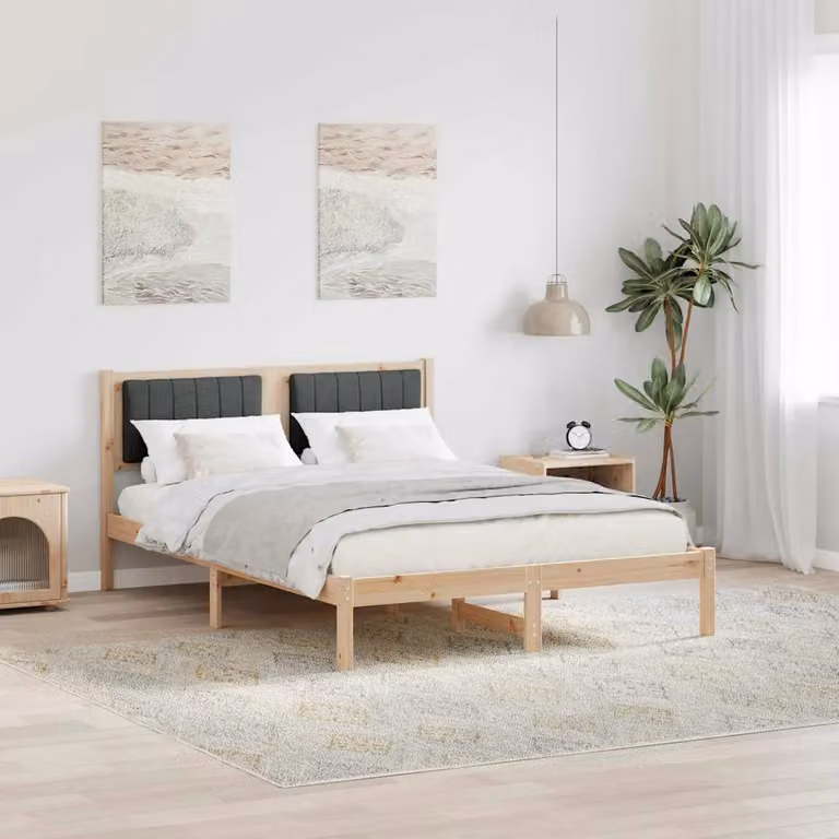 Letto con Testiera Rivestita vidaXL in Legno di Pino e Tessuto Grigio e Marrone L: 140 cm, P: 200 cm, H: 105,5 cm