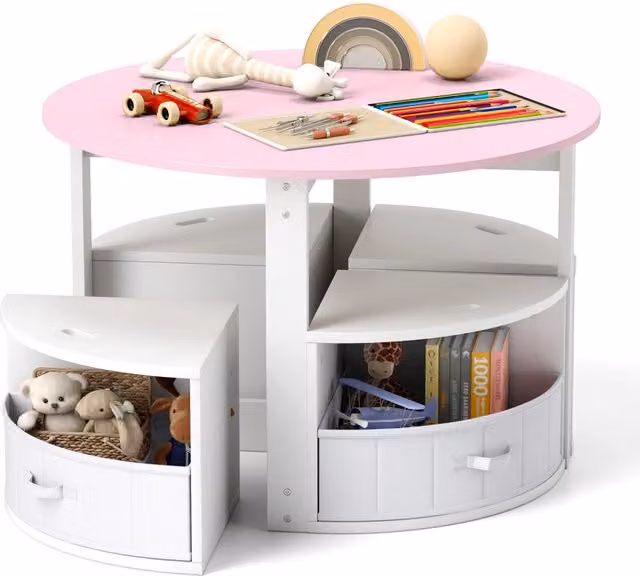Set tavolo e sedie per bambini composto da tavolo rotondo e 4 sgabelli in MDF e legno, colore rosa e bianco – 1