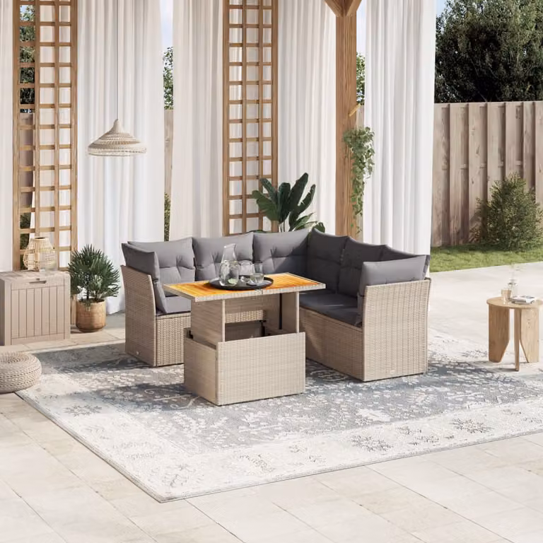 vidaXL Set Divano da Giardino a L 5 pz con Cuscini Beige e Tavolino in Polyrattan e Legno di Acacia
