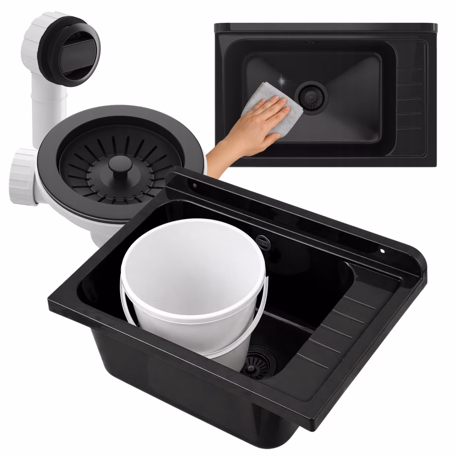 Granitan - Lavatoio - Lavandino 58x38 cm - Lavello nero - con sifone - MONZA