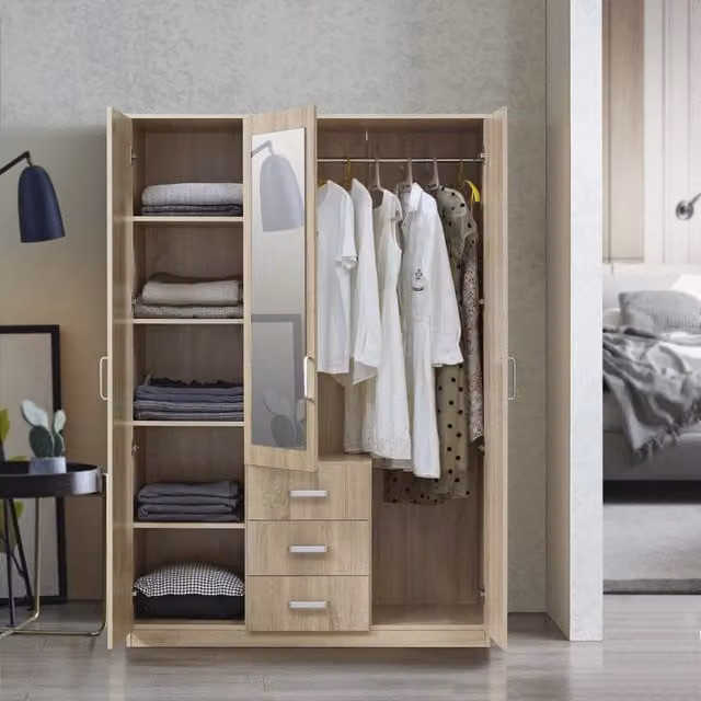 Armadio Guardaroba Bodolz en.casa con Cassettiera e Specchio, Effetto Rovere Sonoma, Marrone, H 176 cm x L 120 cm x P 52 cm – 1
