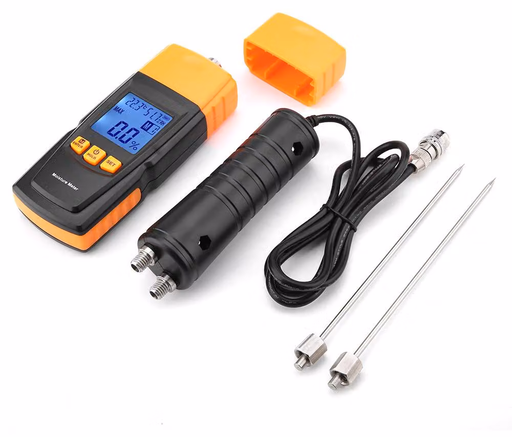 Rilevatore di perdite d'acqua, ampio intervallo di misurazione, display LCD portatile, risoluzione dello 0,5%, tester per legno, adatto anche per bambù e cotone