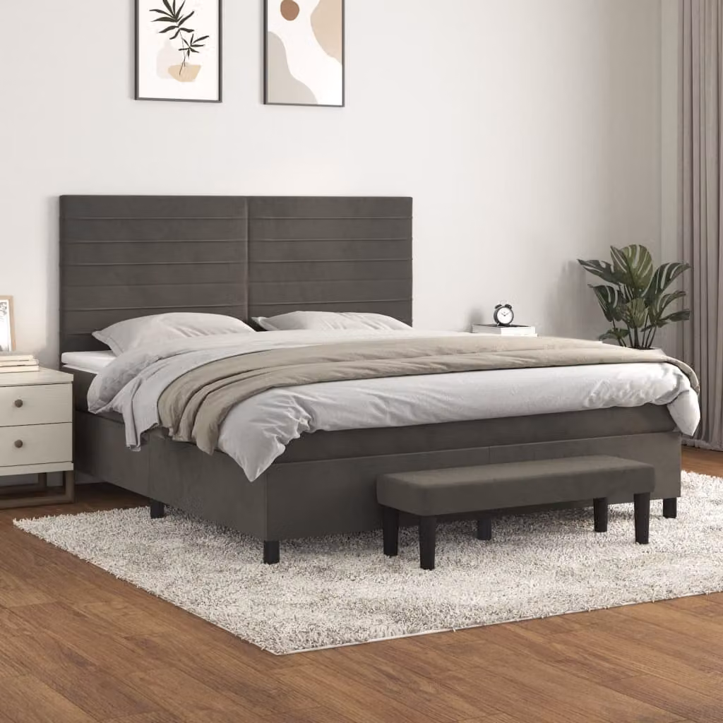 vidaXL Giroletto a Molle con Materasso Ibrido in Velluto Grigio, L/P/H: 180 x 200 cm – 1