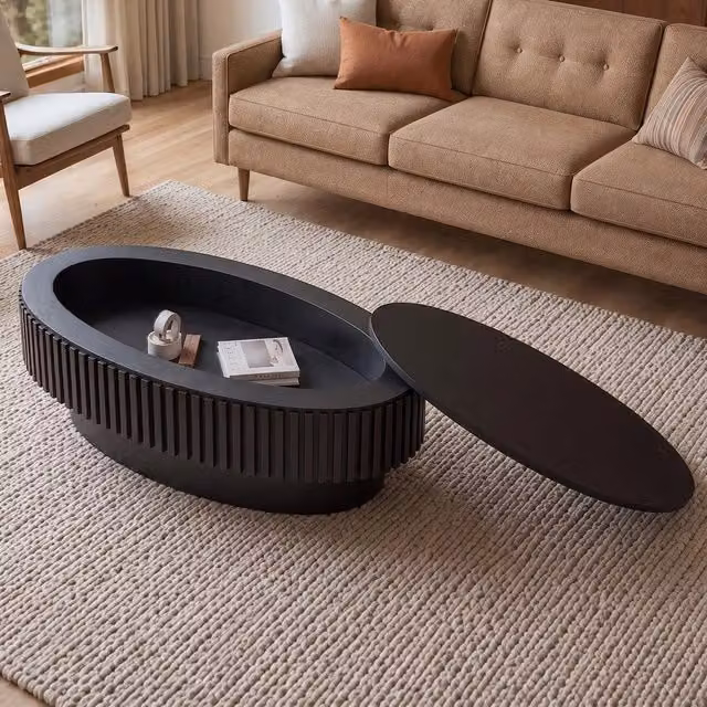 Tavolino da caff¨¨ ovale con cassetto ¨C Minimal ¨C nero opaco effetto legno massello 98cm per soggiorno
