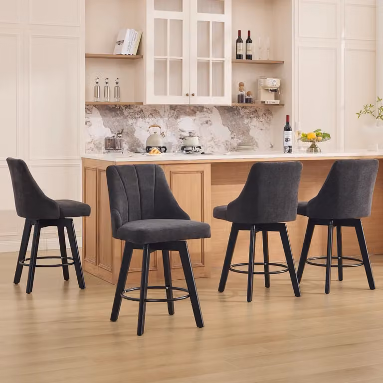 Sgabello da bar girevole MIVRAY in ciniglia grigio con schienale e poggiapiedi con gambe in legno e metallo