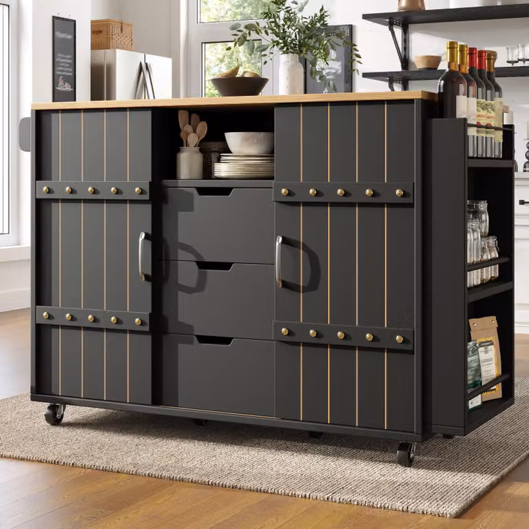 Carrello da cucina con ante scorrevoli, isola da cucina con ruote, piano di lavoro pieghevole, 3 cassetti, ripiano per spezie, portasciugamani, realizzato in MDF, colore nero