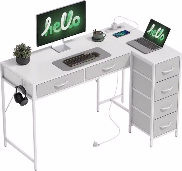 Scrivania Angolare Moderna in Legno e Metallo con 6 Cassetti e Prese Integrate, Bianco, L: 126 cm, P: 48 cm, H: 80 cm