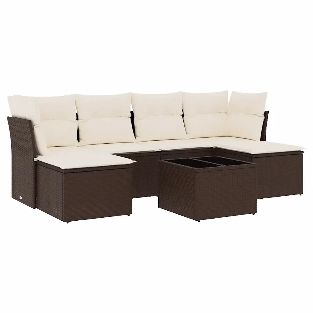 Set da giardino moderno vidaXL composto da 7 pezzi con divano a L, tavolino e pouf in rattan marrone e bianco con cuscini inclusi – 2