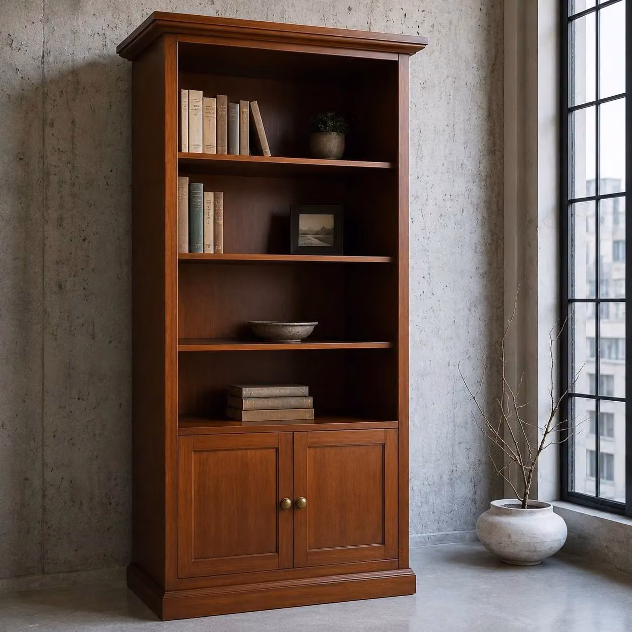 Libreria arte povera con 2 ante in legno Mobili 2G colore noce L 90 cm, P 41 cm, H 186 cm – 4