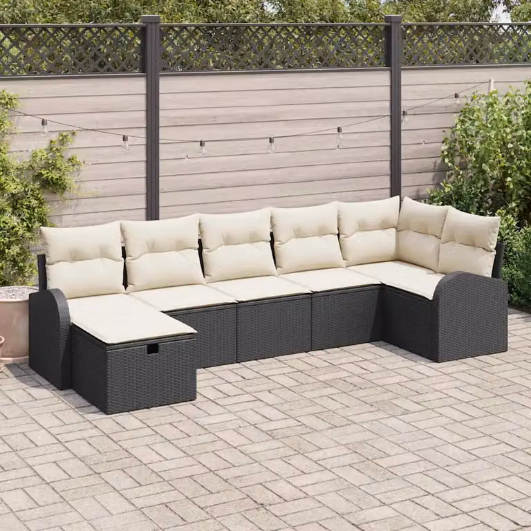 Set Divano da Giardino vidaXL 7 Pezzi in Polyrattan Nero con Cuscini Beige e Struttura in Metallo