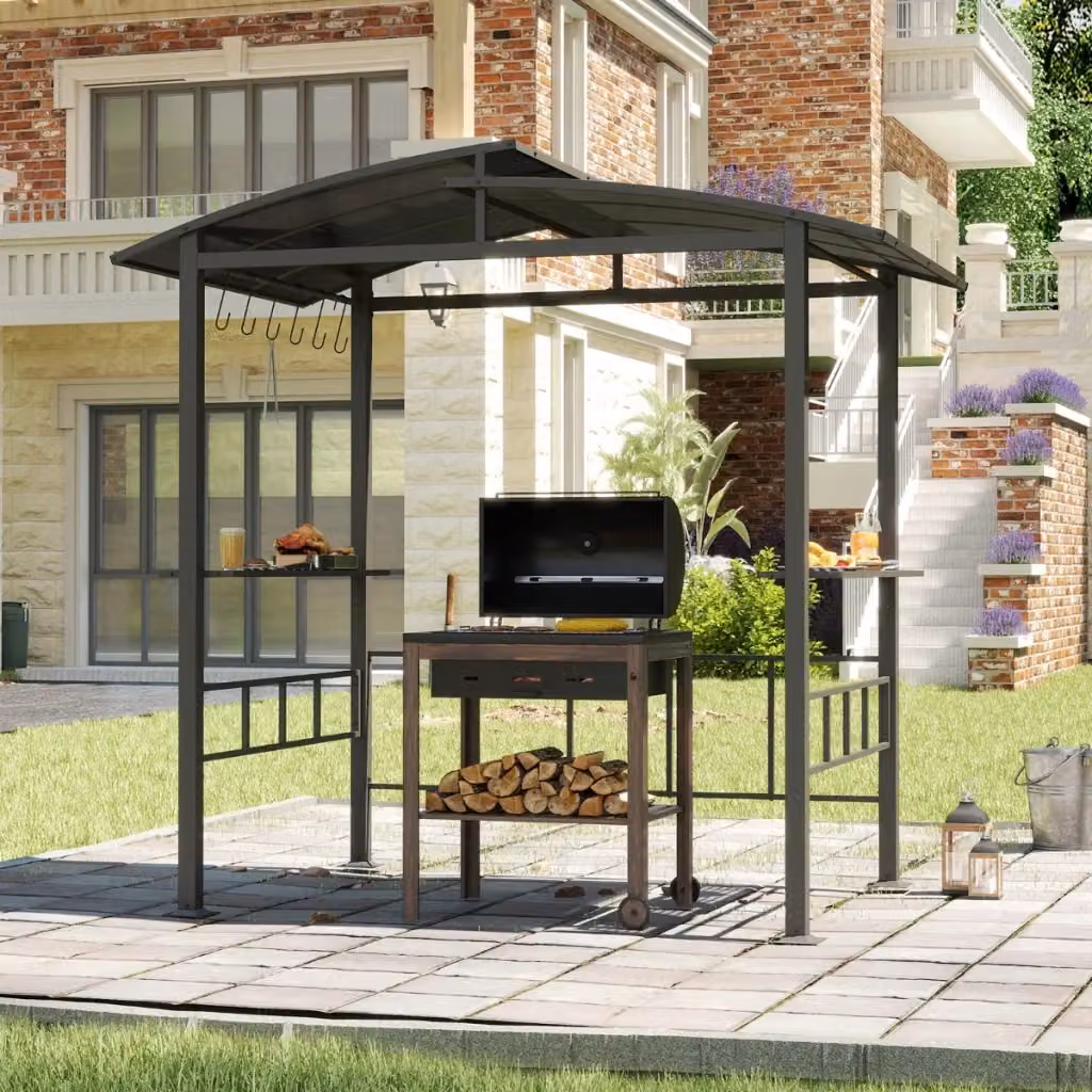 Gazebo barbecue moderno con struttura in metallo nero e tetto in policarbonato ventilato, dotato di mensole laterali e ganci, L: 248 cm, P: 232 cm, H: 150 cm – 2