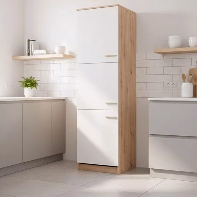 Dispensa da Cucina DMORA Moderna con Ante a Battente e Ripiani Interni, L/P/H: 60 x 58.5 x 216 cm, Colore Beige – 1