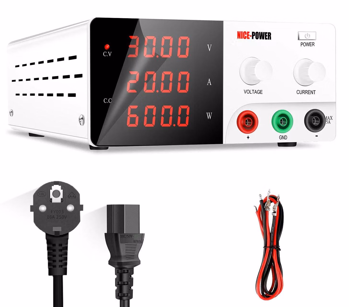 Alimentazione, tensione regolabile, corrente costante, 30V 20A, colore bianco