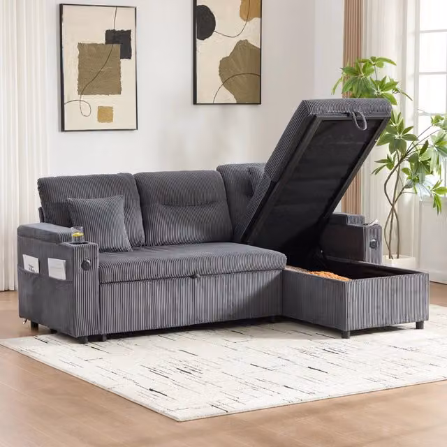 Divano letto MIVRAY a 3 posti con chaise longue contenitore in velluto grigio, con porta USB-C e portabicchieri, L/P/H: 212.5 x 136.0 x 86.0 cm