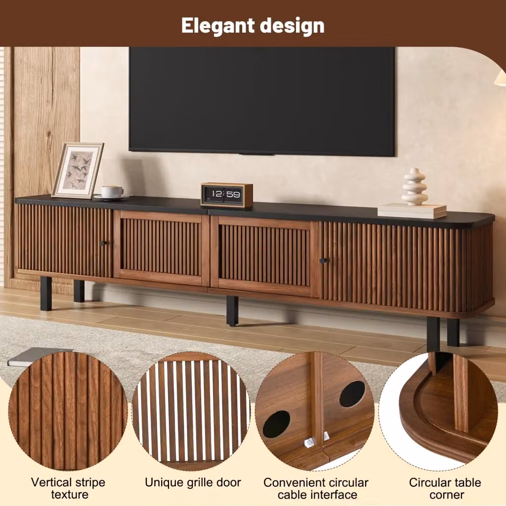 Mobile TV moderno WISHDOR in legno e MDF marrone con ante scorrevoli e a griglia, L: 190 cm, P: 35 cm, H: 45 cm – 2