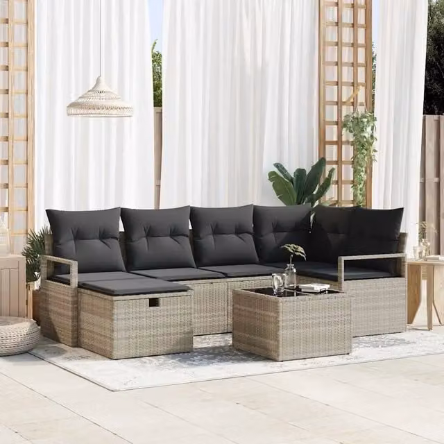Set di divani 7 pz 6-Numero di posti Grigio chiaro polyrattan 3359191