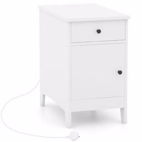Helloshop26 Tavolino stretto con stazione di ricarica, 60 x 35 x 60 cm, portaoggetti pratico moderno in legno, bianco 20_0013851