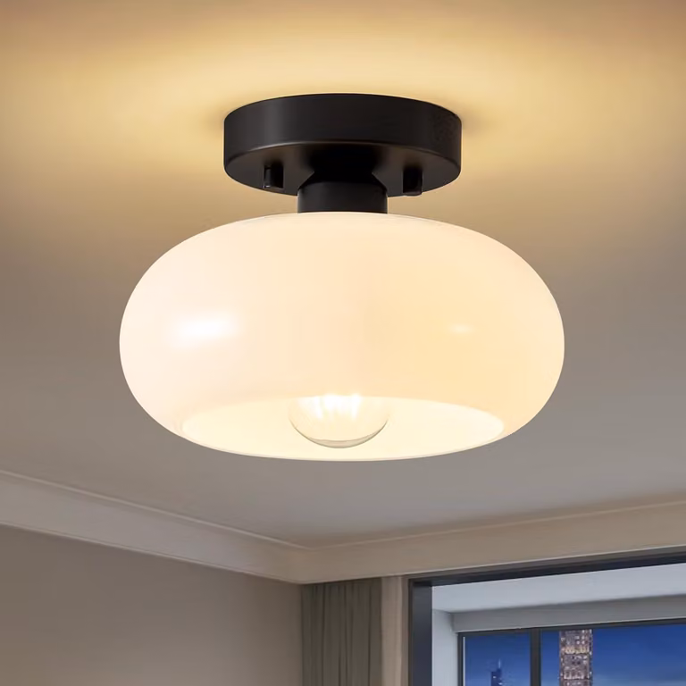 Lampada a soffitto da 22 cm, attacco E27, vetro bianco e metallo nero, ideale per il soggiorno
