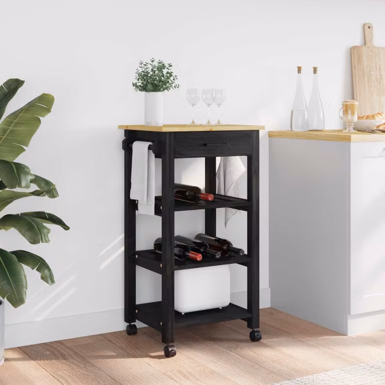 vidaXL Carrello da Cucina MONZA Moderno in Legno di Pino Nero L: 48 cm, P: 40 cm, H: 88,5 cm