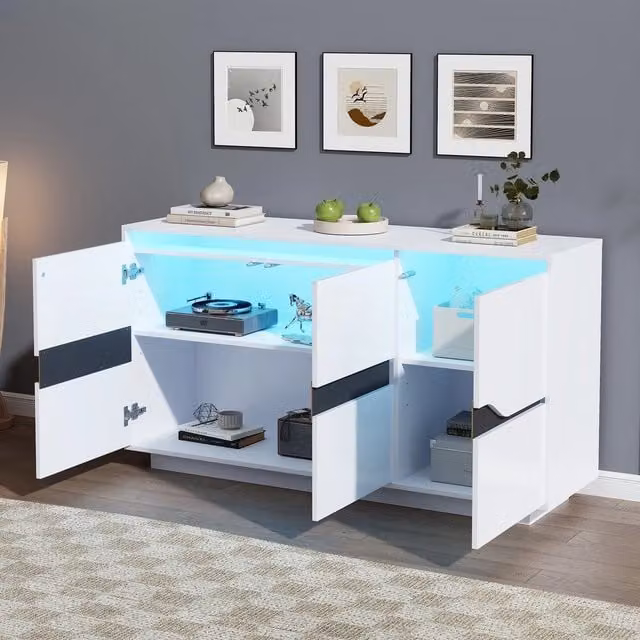 Credenza Soggiorno con LED ¨C MINIMAL ¨C Bianco e Nero Lucido, 140x40x70