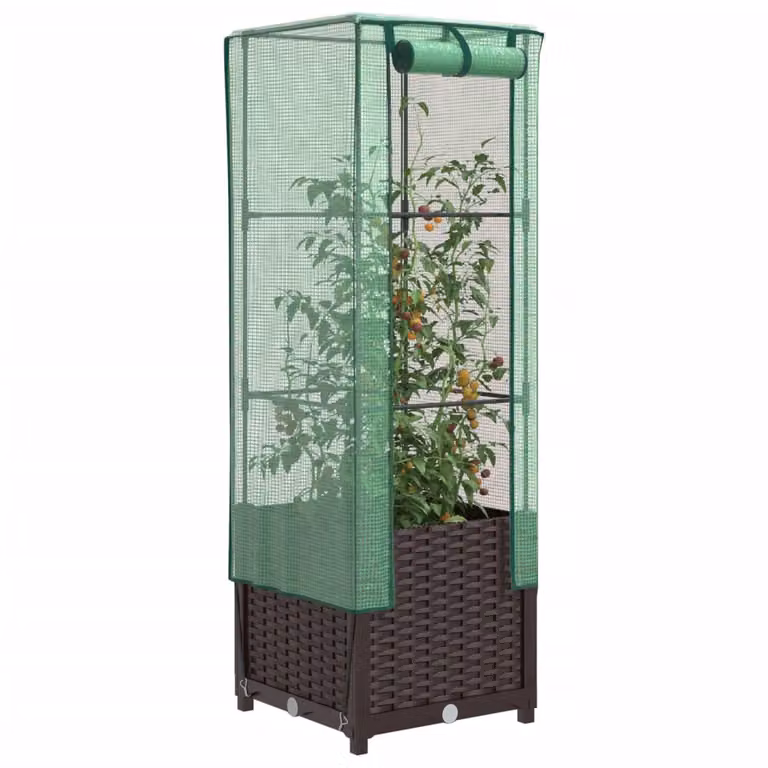 Letto rialzato con copertura a serra effetto rattan vidaXL, marrone e verde, L/P/H: 40 x 40 x 139 cm