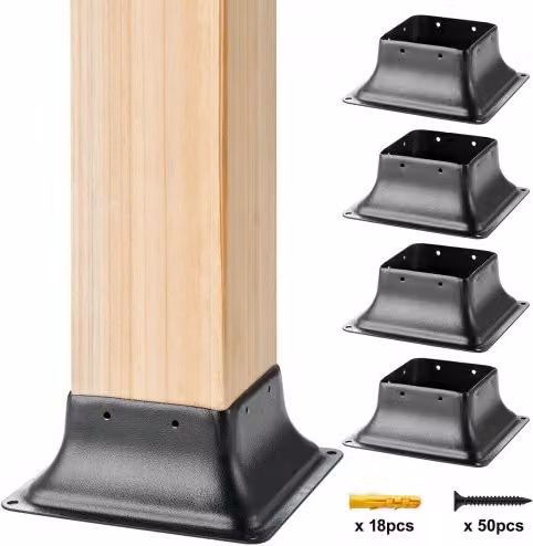 Confezione da 4 supporti per pali VEVOR in acciaio al carbonio nero per pali in legno 102x102 mm e base 91,4x91,4 mm per ringhiere e corrimano