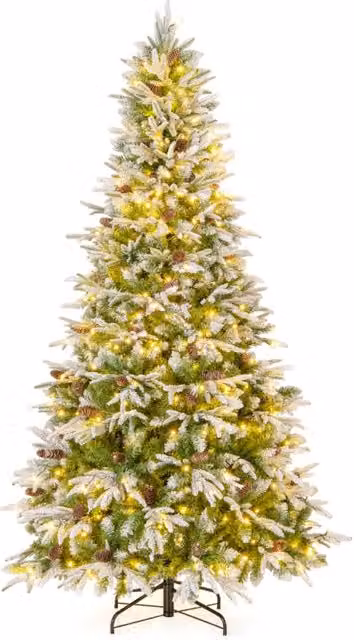 Albero di Natale artificiale pre-luminoso 225cm con rami articolati e 1135 punte, Albero di Natale foderato di neve