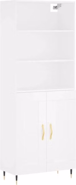 Buffet credenza moderna con ante a battente e ripiani interni in legno MDF e metallo, colore bianco, H: 180 cm, L: 69,5 cm, P: 34 cm