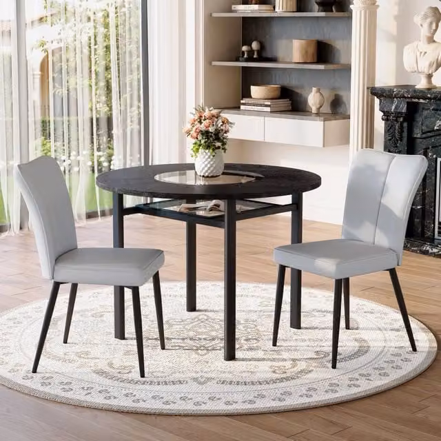 Set da pranzo Mivray composto da tavolo rotondo nero in MDF con inserto in vetro e 2 sedie grigie in PU per cucina o soggiorno