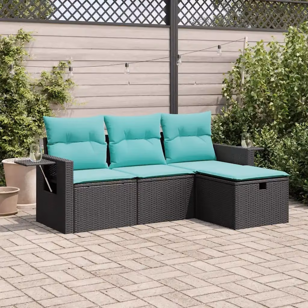 Set Salotto da Giardino Moderno a L in Polyrattan Nero con Cuscini Blu e Struttura in Metallo