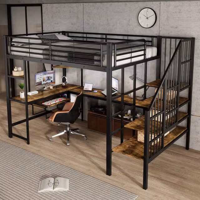Letto a soppalco 120x200 cm in metallo e MDF con scrivania; presa di ricarica e scala ad angolo
