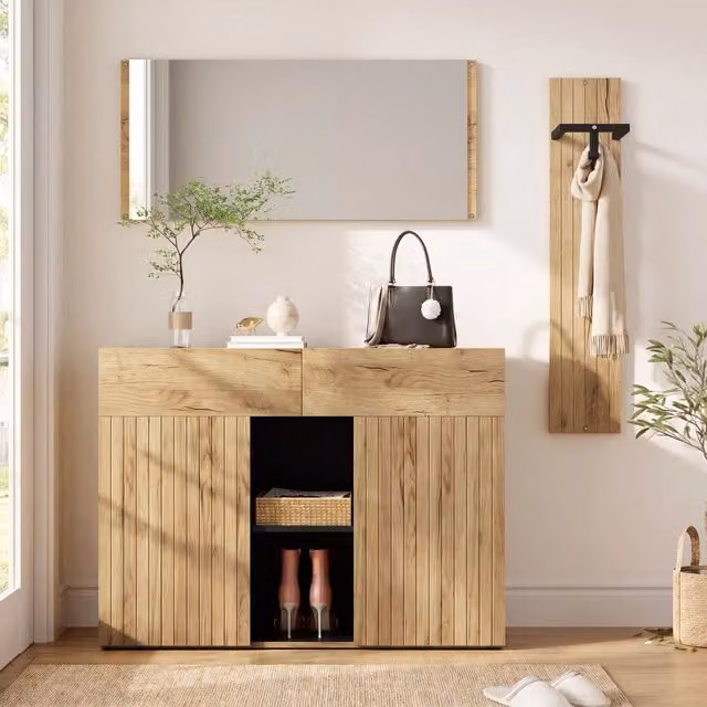 Desviae Mobile da ingresso con specchio appendiabiti e scarpiera 2 ante 2 cassetti con ripiani legno e nero 125 × 35 × 178 cm