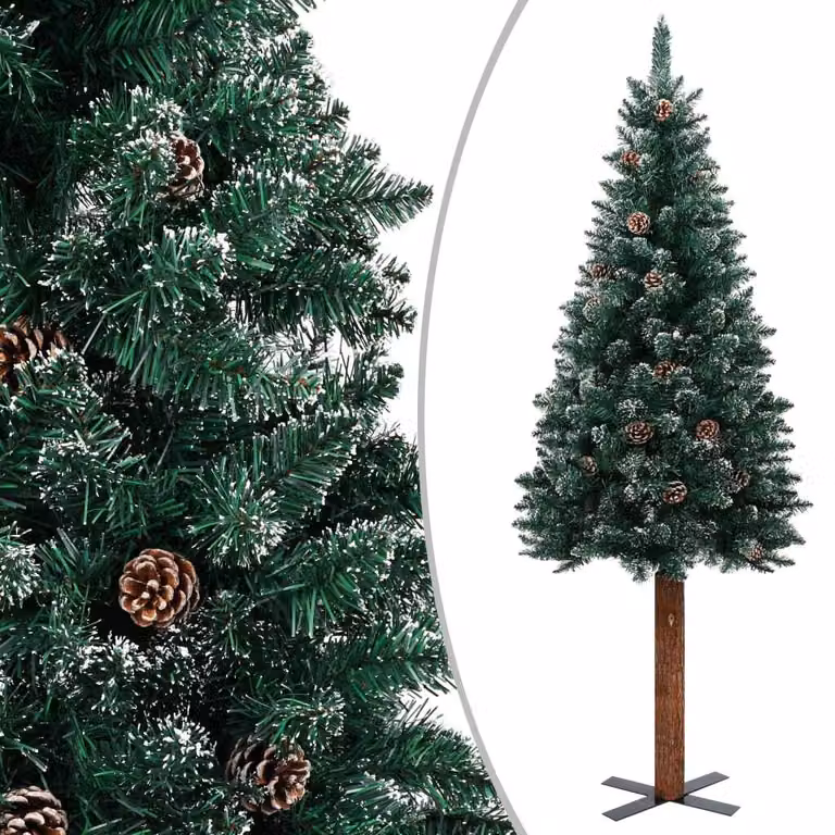 Albero di Natale Sottile con Legno Vero e Neve Verde 180 cm