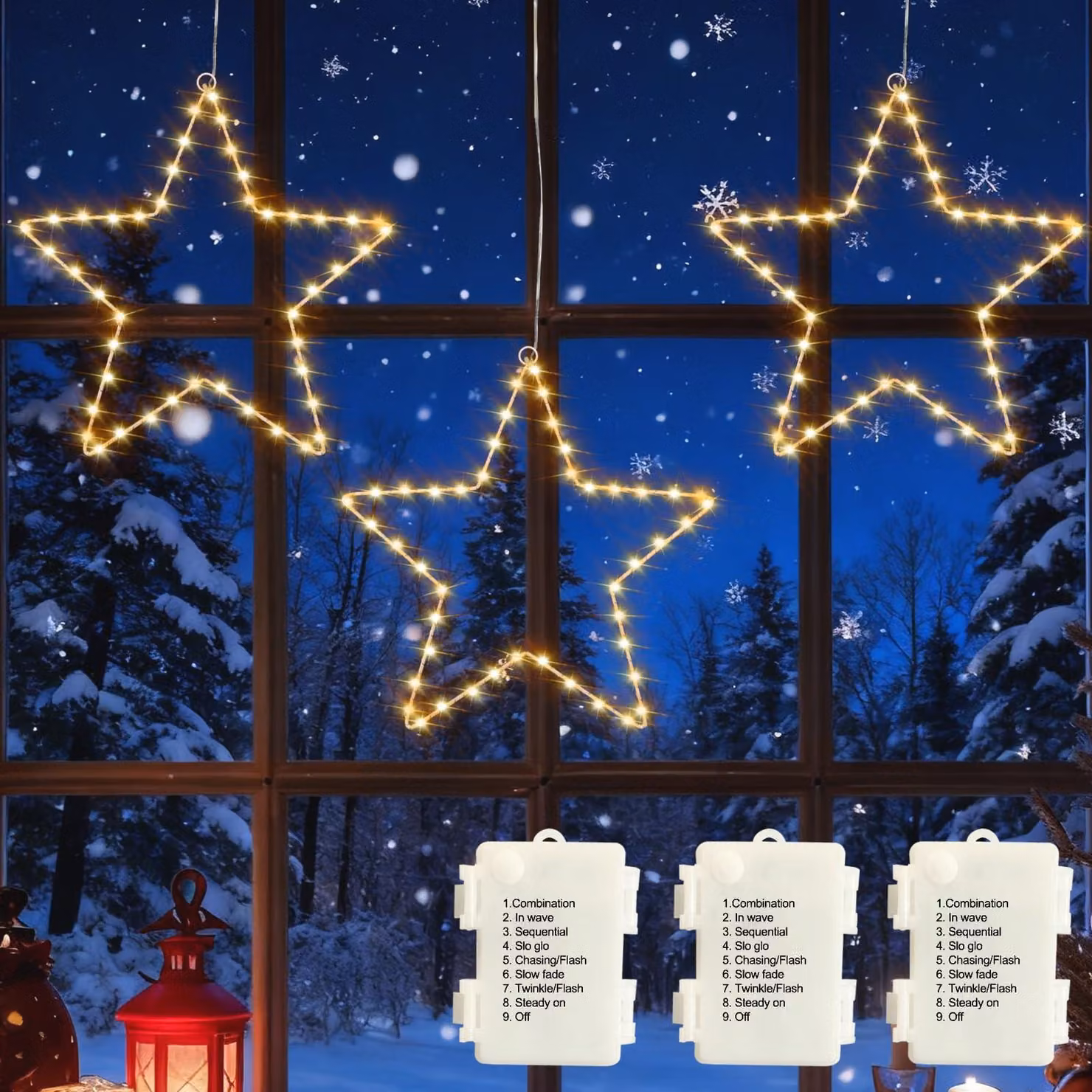 Set di 3 luci a LED a forma di stelle, 45 LED, luce bianco caldo, grado di protezione IP44, alimentazione a batteria
