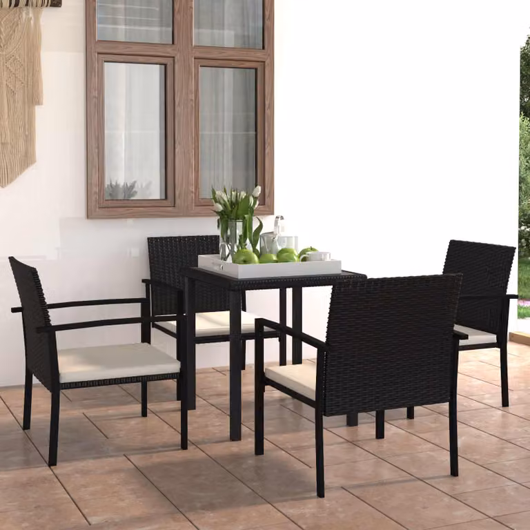 Set da pranzo per giardino vidaXL in polyrattan nero con tavolo in vetro e 5 pezzi