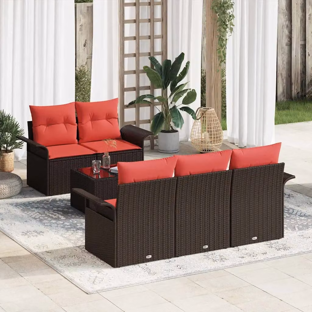 Set Divano da Giardino vidaXL 6 Pezzi Marrone con Cuscini e Tavolino in Polyrattan e Acciaio