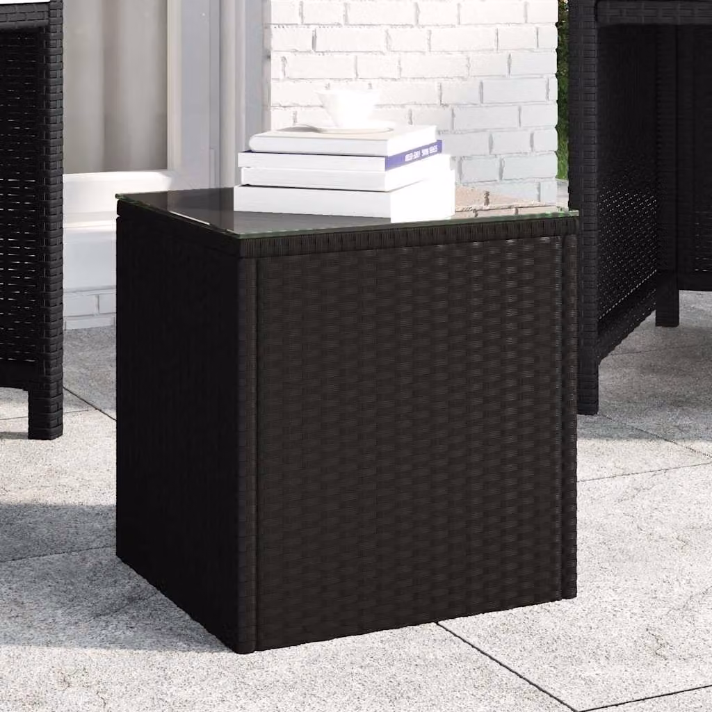 Tavolino da giardino moderno vidaXL in polyrattan e vetro temperato nero L/P/H: 40 x 37 x 40,5 cm